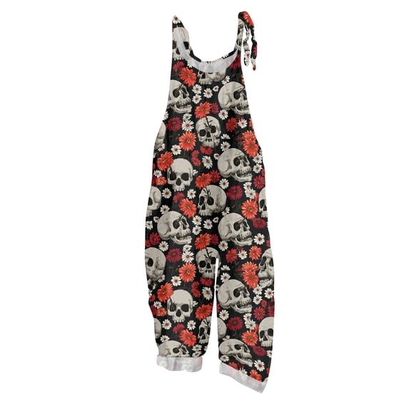 EANJE Halloween Jumpsuits for Women Overalls Sleeveless Loose Jumpsuits Womens Overall Wide Leg Gothic Skull Floral Graphic Straps Romper Trendy Bib Overalls Fall Outfit Black XL