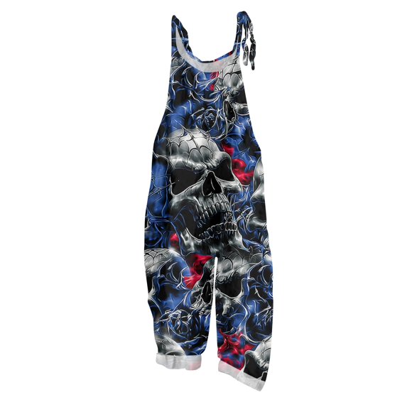 EANJE Halloween Jumpsuits Womens Wide Leg Trendy Gothic Skull Floral Print Overalls Sleeveless Women Romper Straps Jumpsuits Oversized Bib Overalls Winter Clothing Navy L