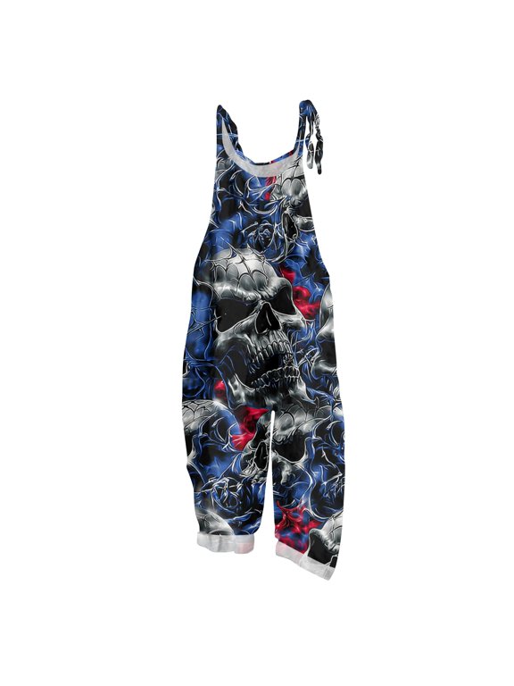 Halloween Jumpsuits Womens Wide Leg Trendy Gothic Skull Floral Print Overalls Sleeveless Women Romper Straps Jumpsuits Oversized Bib Overalls Winter Clothing Navy L