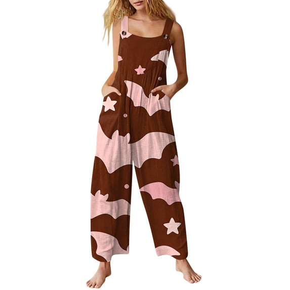 EANJE Halloween Overalls for Women, Sleeveless Spaghetti Strap Jumpsuit with Pockets, Print Wide Leg Baggy Romper, Adjustable Straps Fall Holiday Party Outfit Light Brown 3XL