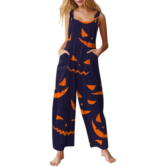 EANJE Halloween Overalls for Women, Sleeveless Spaghetti Strap Jumpsuit with Pockets, Print Wide Leg Baggy Romper, Adjustable Straps Fall Holiday Party Outfit Navy XL
