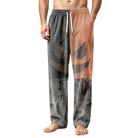 EANJE Halloween Pajamas for Men Loungewear Sleepwear Wide Leg Pajama Corduroy Pumpkin Ghost Bat Print High Waisted Pj Pant Stretch Fall Drawstring Lounge Pants with Pockets Yellow M