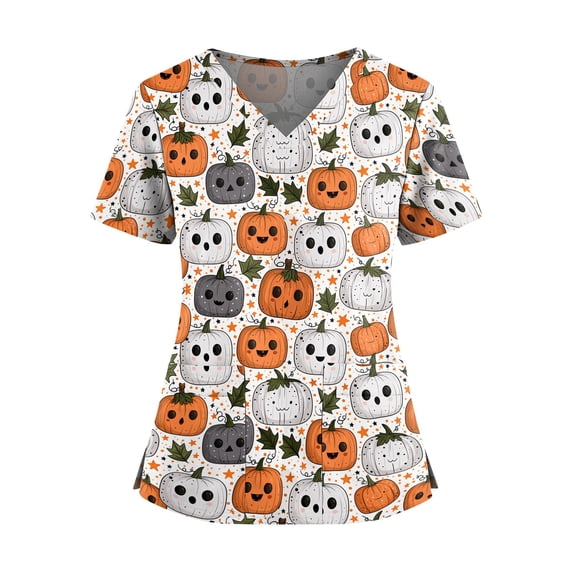 EANJE Halloween Scrubs Tops for Women Plus Size Basic Scrub Petite V Neck Plain Scrub Shirts Nursing Top Medical Scrub Tops Uniformes De Enfermeras De Mujer Beige 4XL