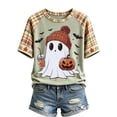 thumbnail image 1 of EANJE Halloween Shirts for Women Cute Ghost Shirt Fall Pumpkin T-Shirt Ghost Pumpkin Graphic Tees Casual Plaid Splice Short Sleeve Tops Light Green 3XL, 1 of 5