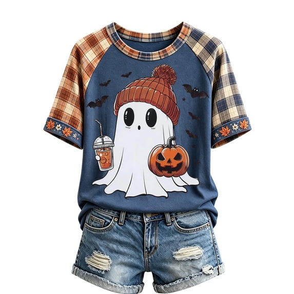 EANJE Halloween Shirts for Women Cute Ghost Shirt Fall Pumpkin T-Shirt Ghost Pumpkin Graphic Tees Casual Plaid Splice Short Sleeve Tops Blue L