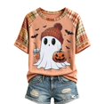 thumbnail image 1 of EANJE Halloween Shirts for Women Cute Ghost Shirt Fall Pumpkin T-Shirt Ghost Pumpkin Graphic Tees Casual Plaid Splice Short Sleeve Tops Pink S, 1 of 5