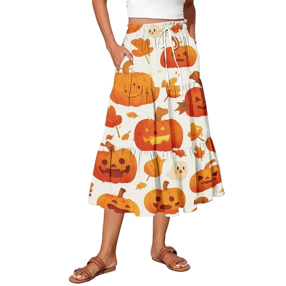 EANJE Halloween Womens Casual Elastic Waist Drawstring Midi Skirt Print Vacation Style A Line Flowy Skirt for Daily Wear Saffron S
