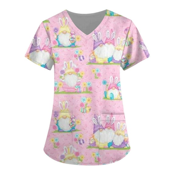 EANJE Healing Hands Easter Scrubs for Women Short Sleeve V-Neck Top Spring Stretchy Maternity Scrub Cute Bunny Print Casual Workwear with Pocket Light Purple 5XL
