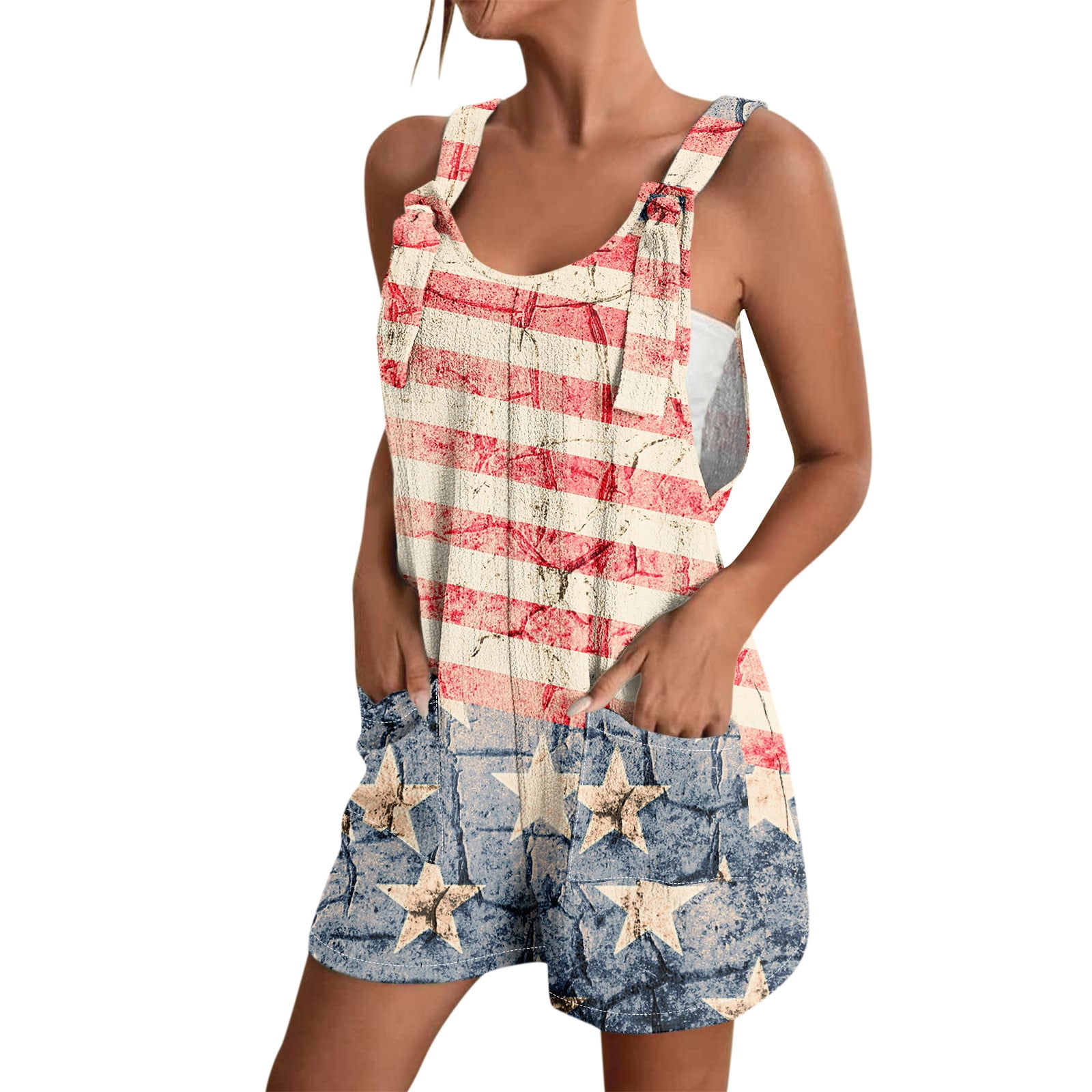 EANJE Jumpers for Women Plus Size Sleeveless American Flag Rompers Wide ...
