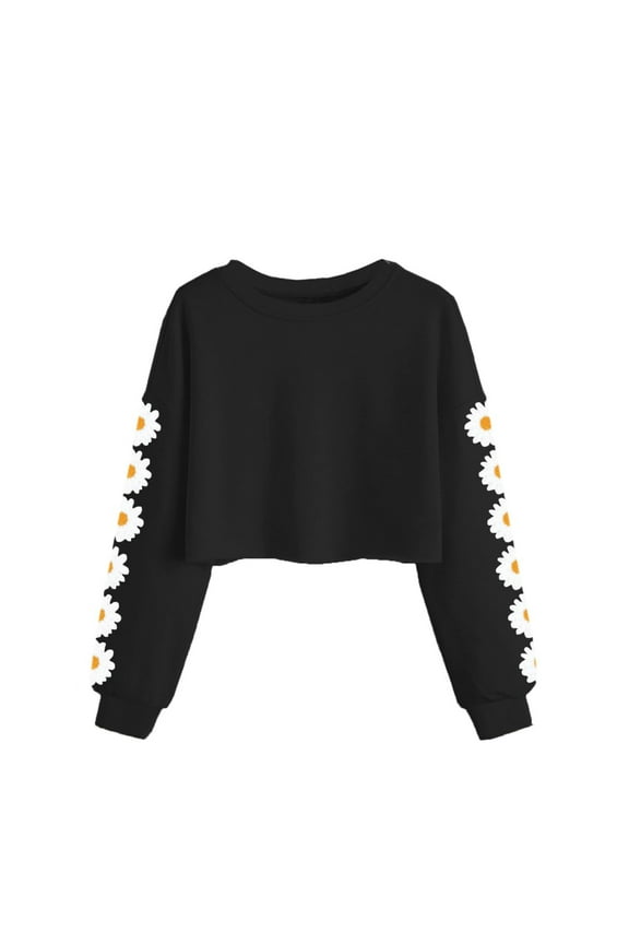 Kids Crop Tops Girls Clothes Preppy Daisy Print Long Sleeve Crewneck Winter Fashion Sweaters Black 12-13Y