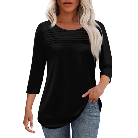 EANJE Ladies Tunic Tops and Blouses 3/4 Length Sleeve Tunic Tops Fashion Fall Crew Neck Pleated Shirts Solid Color Printed Dressy Casual Cute Pullover Black S