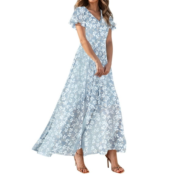 EANJE Long Dresses for Women Loose V Neck Short Sleeve Vacation Beach Dress Casual Dressy Floral Maxi Floral Flowy Dress Light Blue M