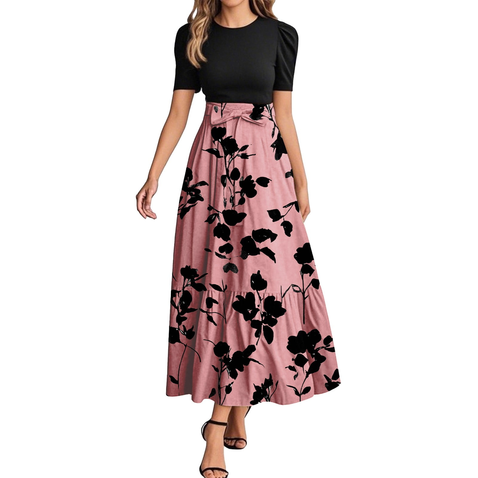 EANJE Maxi Dresses for Women Short Sleeve Teacher Dress Floral Print ...