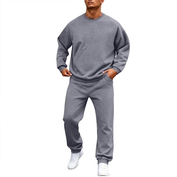 EANJE Men's 2 Piece Tracksuit Set Fashion Solid Color Tracksuits Crew Neck Long Sleeved Pullovers Casual Sport Jogger Trousers Gray 2XL