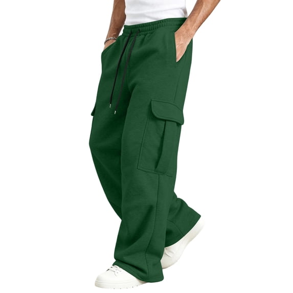 EANJE Men's Cargo Sweatpants Straight Wide Leg Sweat Pants with Pockets Open Bottom Elastic Drawstring Waist Joggers Pants for Winter Daily Warm Wear Green M