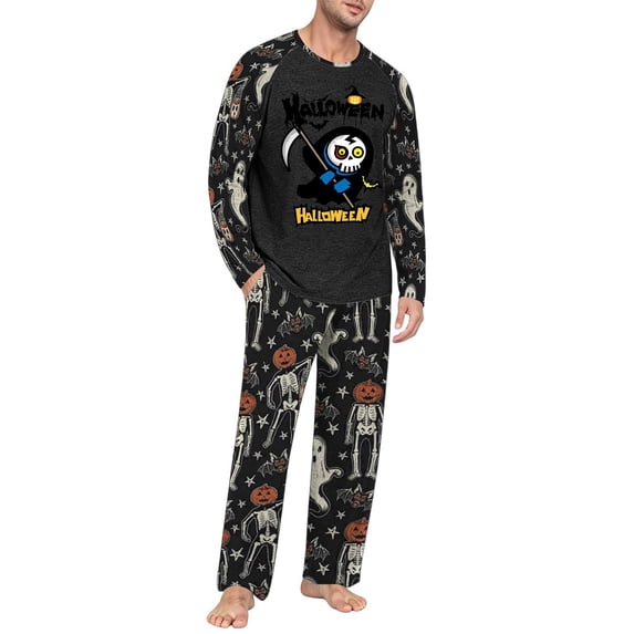 EANJE Men's Halloween 2 Piece Pajama Set Cute Reaper Cartoon Print Casual Long Sleeve Top & Long Pant Holiday Gift Soft Daily Sleepwear Suit Black S