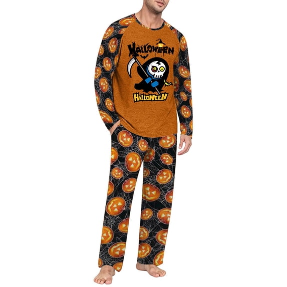 EANJE Men's Halloween 2 Piece Pajama Set Cute Reaper Cartoon Print Casual Long Sleeve Top & Long Pant Holiday Gift Soft Daily Sleepwear Suit Earthy Yellow M