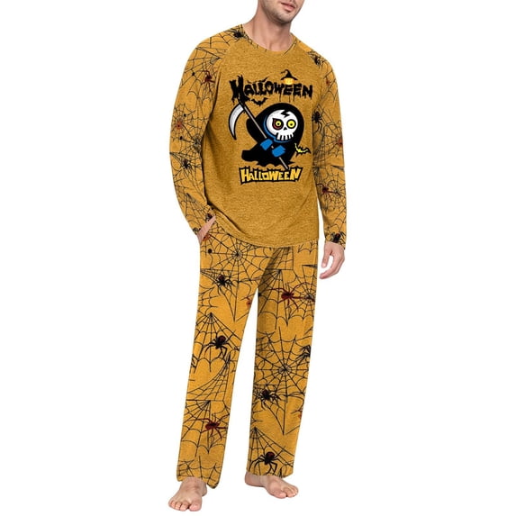EANJE Men's Halloween 2 Piece Pajama Set Cute Reaper Cartoon Print Casual Long Sleeve Top & Long Pant Holiday Gift Soft Daily Sleepwear Suit Yellow L