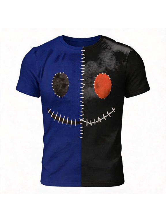 Men's Halloween Print T‑Shirt Split Color Stitched Smiley Face Short Sleeve Crew Neck Casual Tee for Halloween Party Navy S