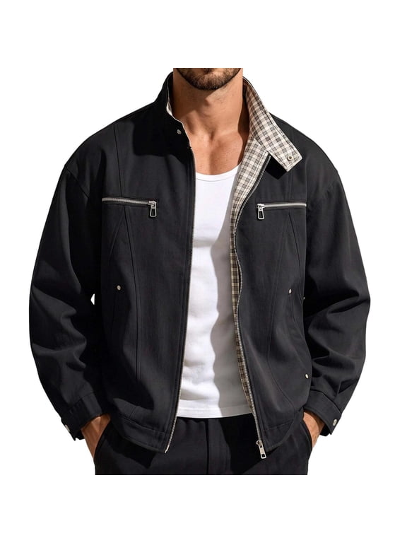 Men's Harrington Casual Jacket Full Zip Stand Collar Bomber Jacket, Plaid Lining Lightweight Outerwear with Zip Pockets for Fall Spring Casual Wear Black XL