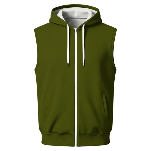 EANJE Men's Hooded Sleeveless Zip Vest Casual Drawstring Regular Fit Hood Knit Multi Color Layering Tops With Pockets Army Green 2XL