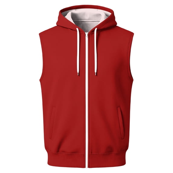 EANJE Men's Hooded Sleeveless Zip Vest Casual Drawstring Regular Fit Hood Knit Multi Color Layering Tops With Pockets Red 2XL