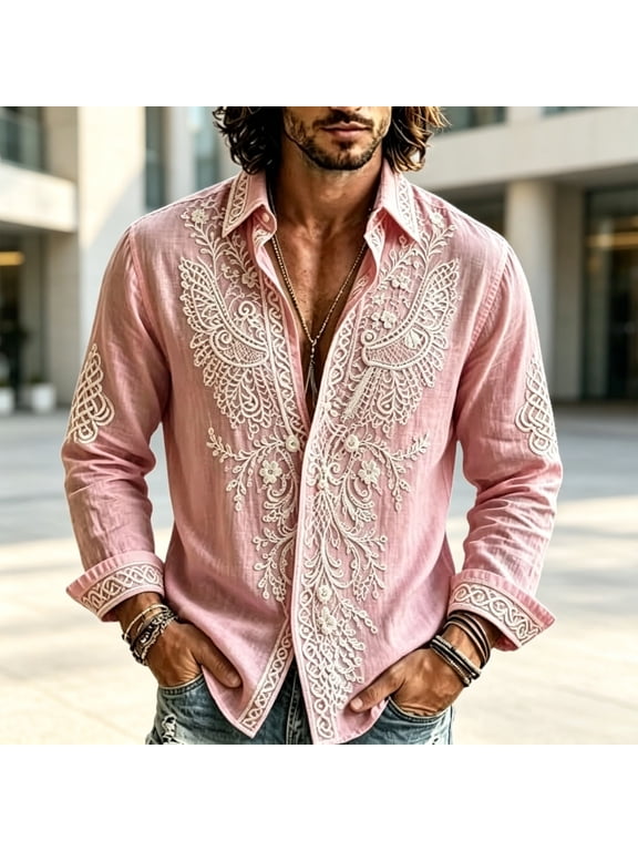 Men's Long Sleeve Button Down Shirts Vintage Boho Floral Embroidery Shirt Bohemian Loose Collared Casual Beach Shirts for Daily Wear Pink L