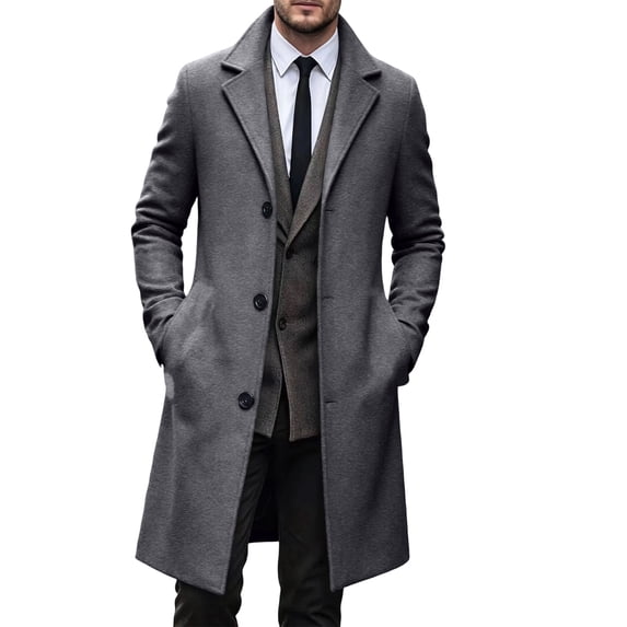 EANJE Men's Notched Lapel Long Overcoat, Single Breasted Button Front Casual Business Wool Blend Style Trench Coat with Side Pockets Dark Gray M