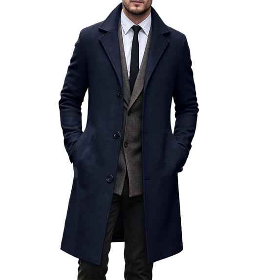 EANJE Men's Notched Lapel Long Overcoat, Single Breasted Button Front Casual Business Wool Blend Style Trench Coat with Side Pockets Navy 4XL