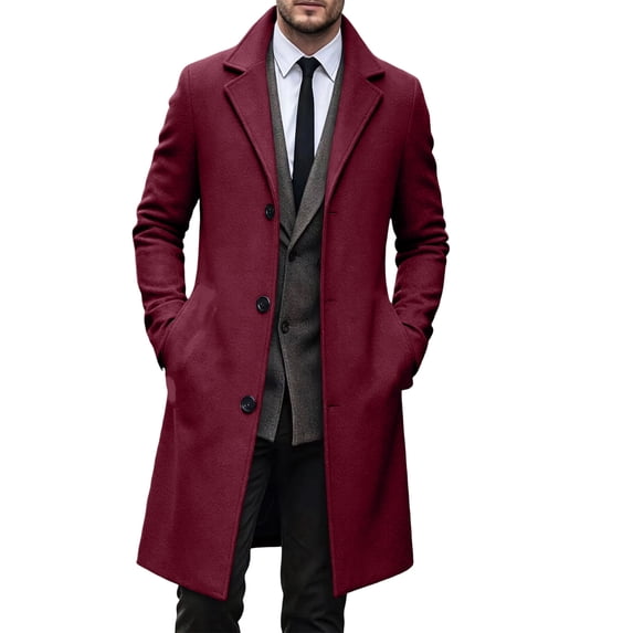 EANJE Men's Notched Lapel Long Overcoat, Single Breasted Button Front Casual Business Wool Blend Style Trench Coat with Side Pockets Wine 4XL