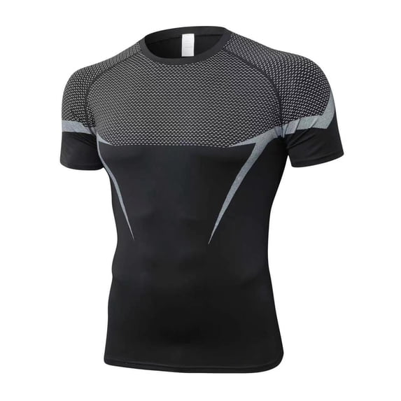 EANJE Men's Short Sleeve Compression Shirt, Moisture Wicking Athletic Workout T‑Shirt Color Block Performance Sports Top for Gym Running Training Black 2XL