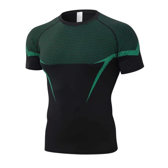 EANJE Men's Short Sleeve Compression Shirt, Moisture Wicking Athletic Workout T‑Shirt Color Block Performance Sports Top for Gym Running Training Green S