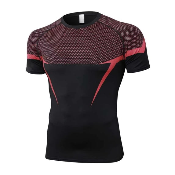 EANJE Men's Short Sleeve Compression Shirt, Moisture Wicking Athletic Workout T‑Shirt Color Block Performance Sports Top for Gym Running Training Red M