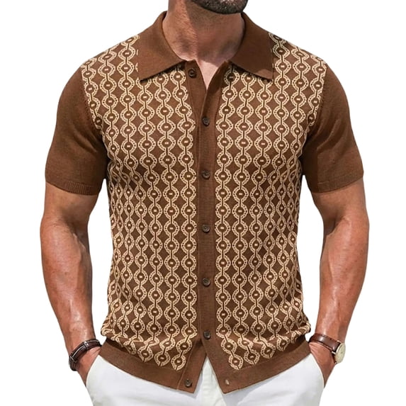 EANJE Men's Short Sleeve Knit Polo Cardigan, Geometric Pattern Button‑Down Lapel Collar Retro Casual Knitted Shirt for Daily Vacation Brown 3XL