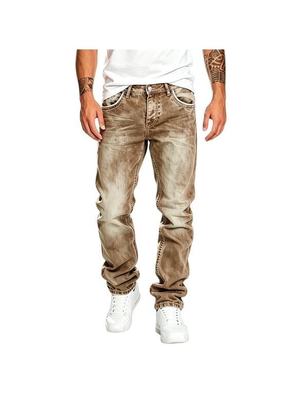 Men's Straight Leg Washed Denim Jeans Snowflake Tie Dye Stretch Denim Y2K Hip Hop Streetwear Baggy Pants Light Brown 2XL