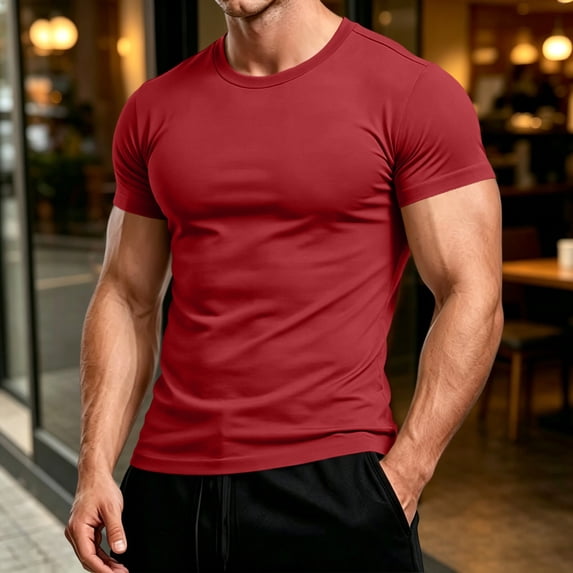 EANJE Men's T-Shirt Short Sleeve Crew Neck T-Shirt Casual Solid Color Outdoor Running Sports Breathable Tees or Daily Workout Wear Red S