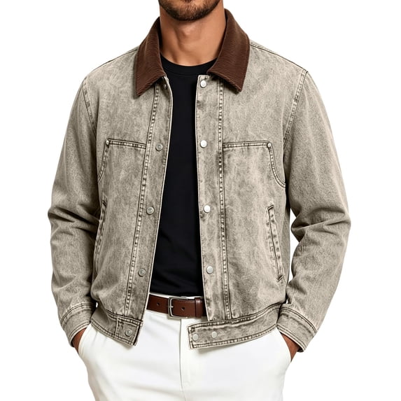 EANJE Men's Vintage Washed Trucker Jacket Casual Contrast Corduroy Collar Button Down Work Jacket with Pockets for Street Daily Outfit Dark Green L