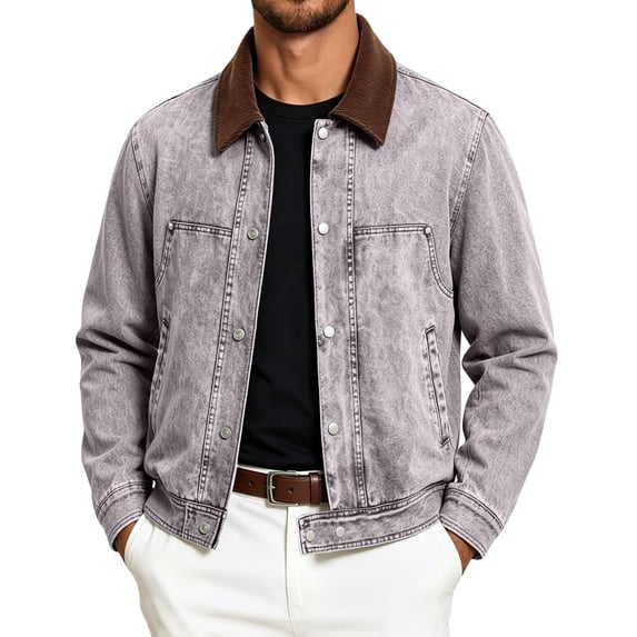 EANJE Men's Vintage Washed Trucker Jacket Casual Contrast Corduroy Collar Button Down Work Jacket with Pockets for Street Daily Outfit Gray 3XL