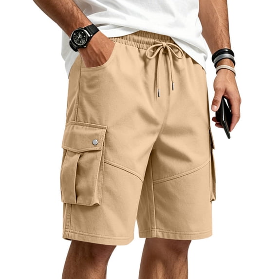 EANJE Mens Cargo Sweat Shorts Casual Elastic Waist Drawstring Athletic Workout Gym Jogger Shorts with Multi Pockets Khaki XL