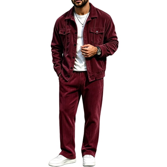 EANJE Mens Casual Set 2 Piece Corduroy Outfit Button Down Collared Jacket Long Sleeve Pants Classic Fit Casual Streetwear Tracksuit with Pockets Wine L