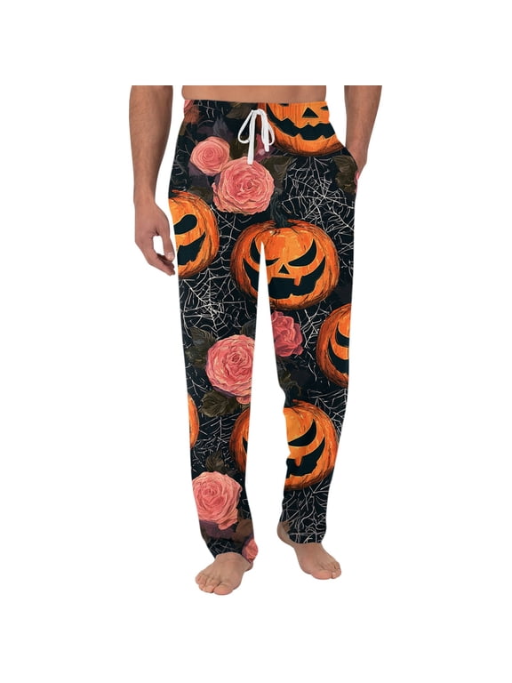 Mens Halloween Pajamas Lover Sleepwear Wide Leg Pajama Pumpkin Ghost Bat Print High Waisted Pjs Pant Loose Fall Drawstring Lounge Pants with Pockets Gray XL