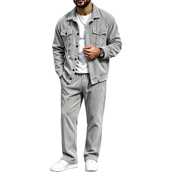 EANJE Mens Matching Set Corduroy 2 Piece Outfit Button Down Collared Jacket Long Sleeve Pants Soft Regular Fit Casual Tracksuit with Pockets Dark Gray L