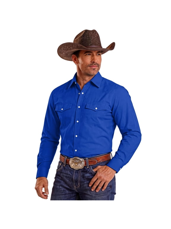 Mens Shirts Western Pearl Snap Cowboy Work Shirt Long Sleeve Collared Slim Fit Dress Shirt Rodeo Classic Casual Top with Pockets Royal Blue L