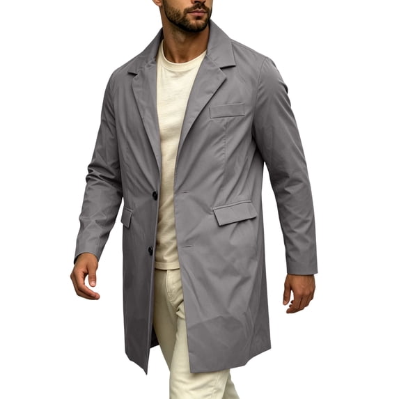EANJE Mens Trench Coat Notched Lapel Single Breasted Long Windbreaker Jacket Lightweight Casual Classic Overcoat Gray M