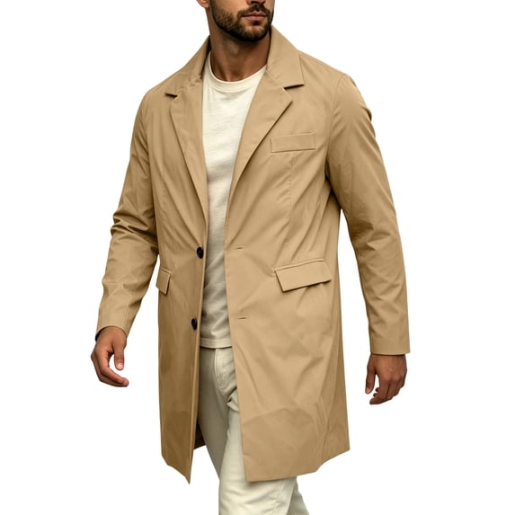 EANJE Mens Trench Coat Notched Lapel Single Breasted Long Windbreaker Jacket Lightweight Casual Classic Overcoat Khaki L