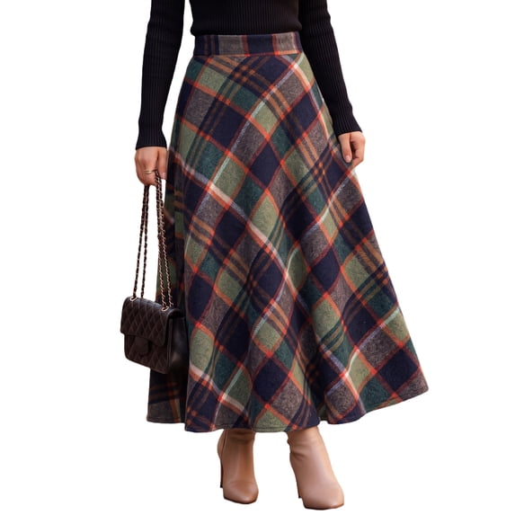 EANJE Midi Plaid Skirt for Women, Vintage Color‑Block Plaid A‑Line Swing Long Skirt, High Waist Loose Flowy Fleece Blend Skirt, Retro Casual Skirt for Fall Winter Daily Wear Green S