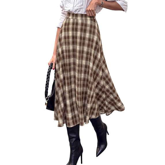 EANJE Midi Plaid Skirt for Women Button Detail Casual Flared Vintage High Waist A Line Mid-Length Tartan Skirts Khaki L