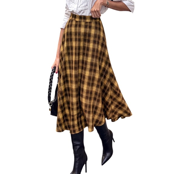EANJE Midi Plaid Skirt for Women Button Detail Casual Flared Vintage High Waist A Line Mid-Length Tartan Skirts Yellow M