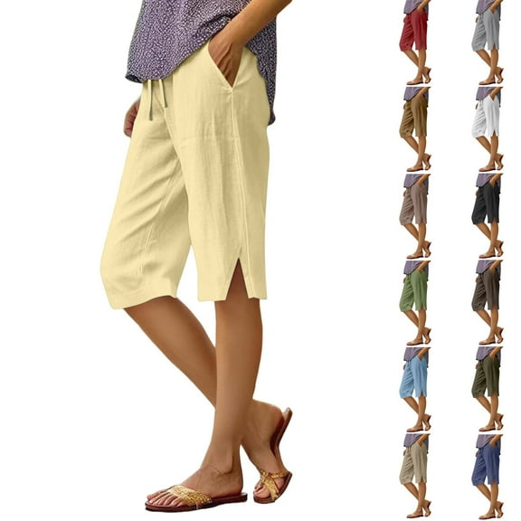 EANJE Pedal Pushers for Women Bermuda Shorts Dressy Casual Knee Length Drawstring Elastic Waist Bermuda Shorts Trendy Summer Linen Capri Pants with Pockets Navy L