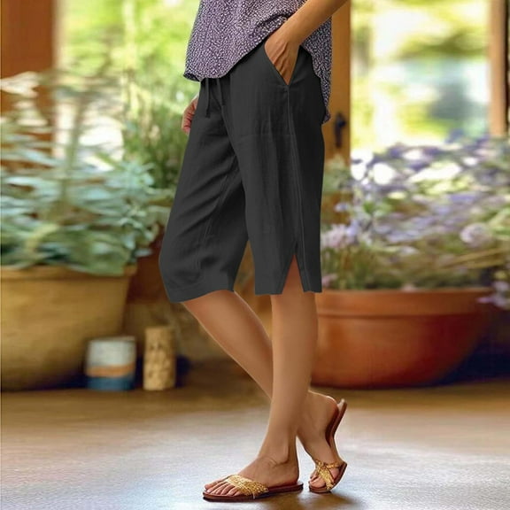 EANJE Pedal Pushers for Women Linen Capri Pants Dressy Casual Elastic Waist Knee Length Drawstring Work Shorts Trendy Summer Linen Capri Pants with Pockets Black L